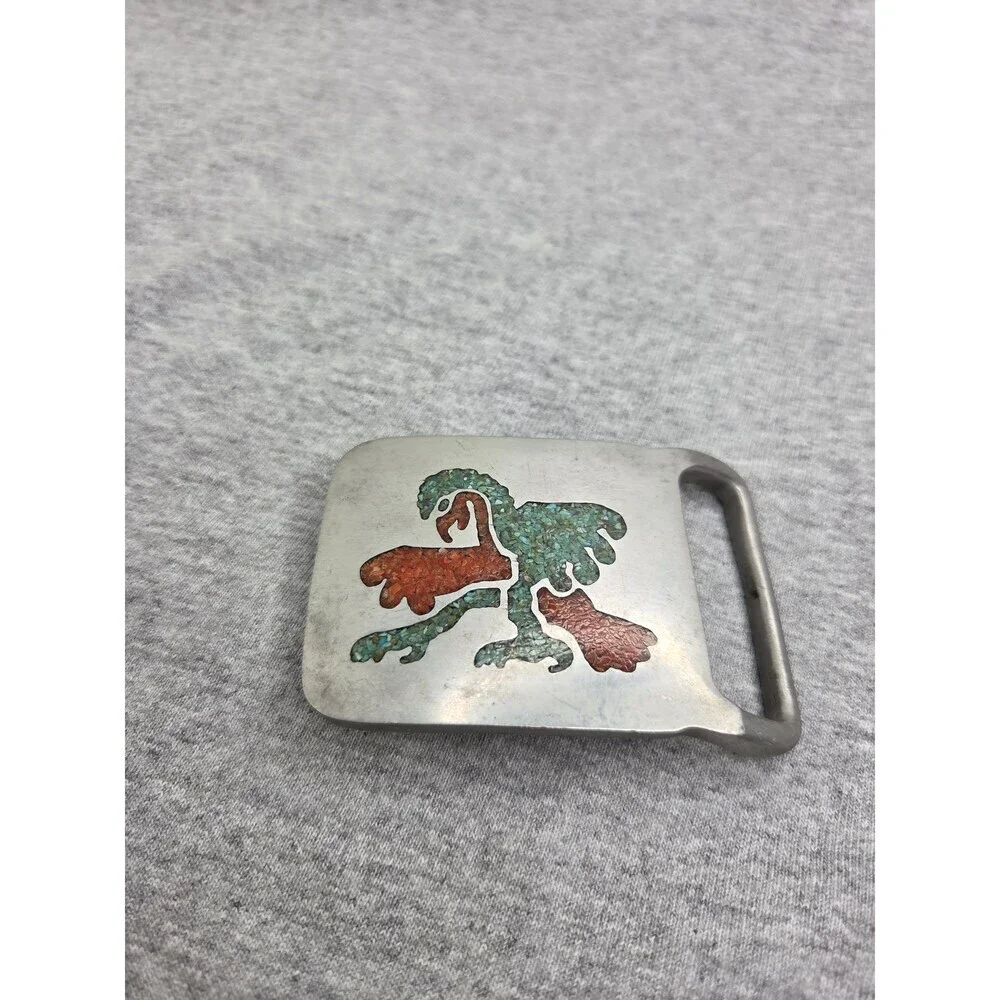 Southwestern Navajo Dancing Eagle Turquoise Coral Inlay Buckle